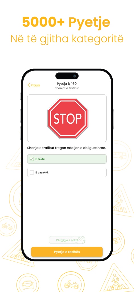 Oberfläche der Autoshkollaime-App, die eine Frage zur theoretischen Fahrprüfung mit einem STOP-Schild zeigt
