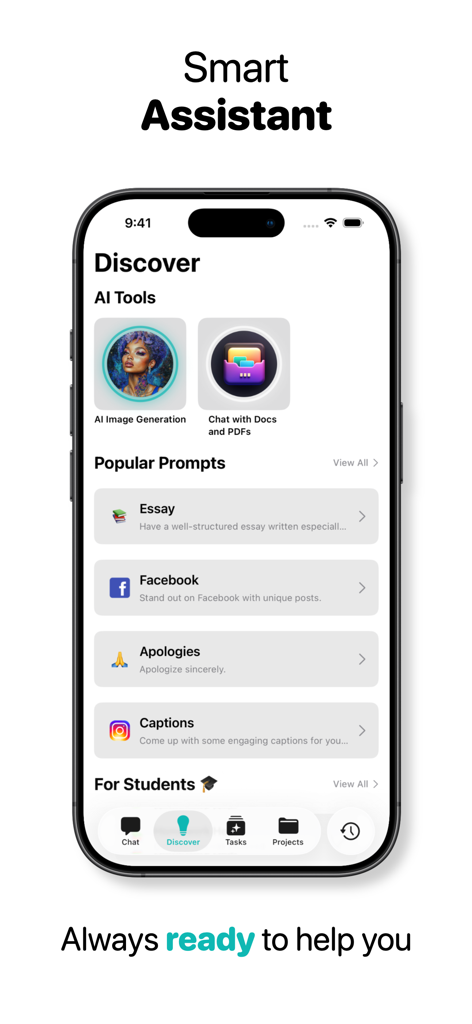 AI ChatBot Assistant ChatUltra - Interfaz de la aplicación móvil ChatUltra AI que muestra herramientas de IA y categorías de indicaciones populares para estudiantes y profesionales