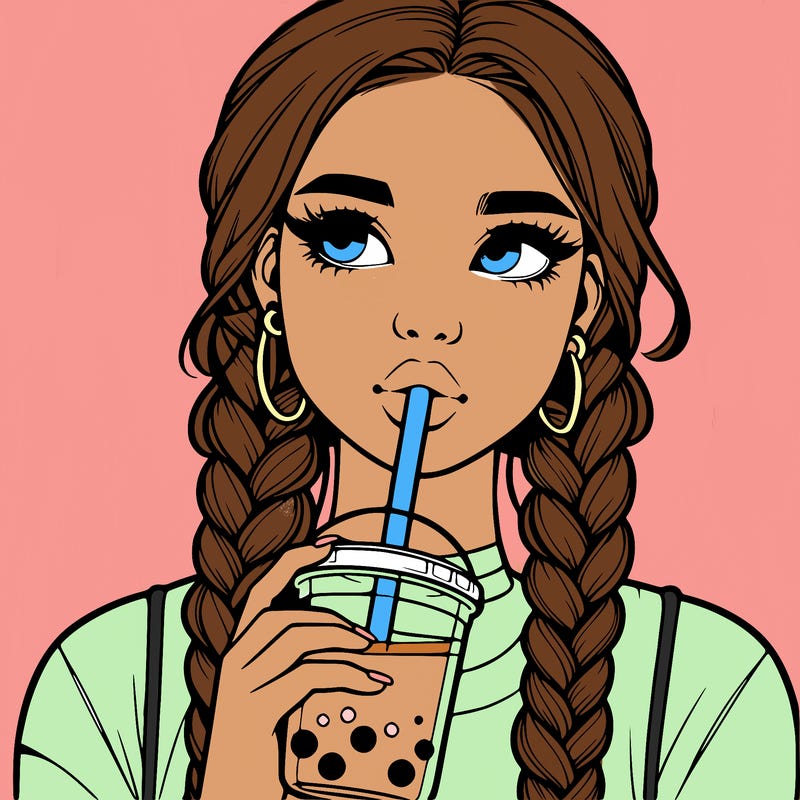 realistic girl with braided hair drinking boba