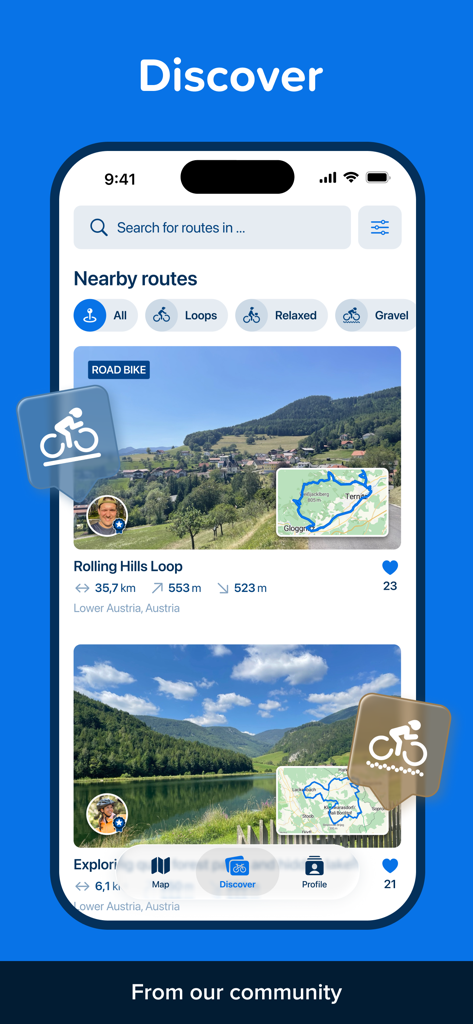 Bikemap app interface displaying a list of nearby cycling routes with map previews and landscape photos