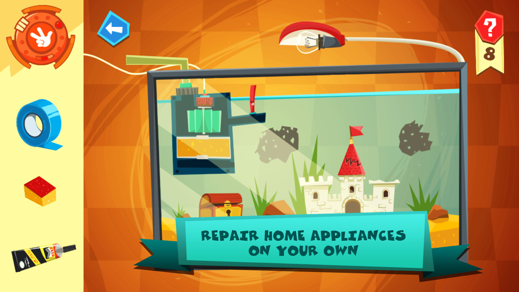 Fixies The Masters: repair home appliances, watch educational videos featuring your favorite heroes (Full) - Gameplay screen of Fixies The Masters showing an aquarium being repaired with tools like glue and tape.