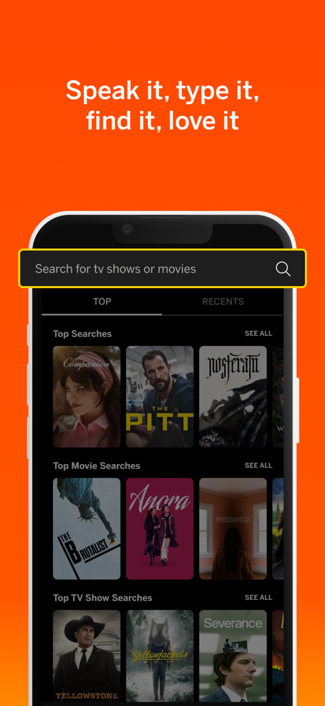 VIZIO | WatchFree+ - Interfaz de búsqueda universal en la aplicación VIZIO WatchFree plus que muestra las principales recomendaciones de películas y programas de televisión