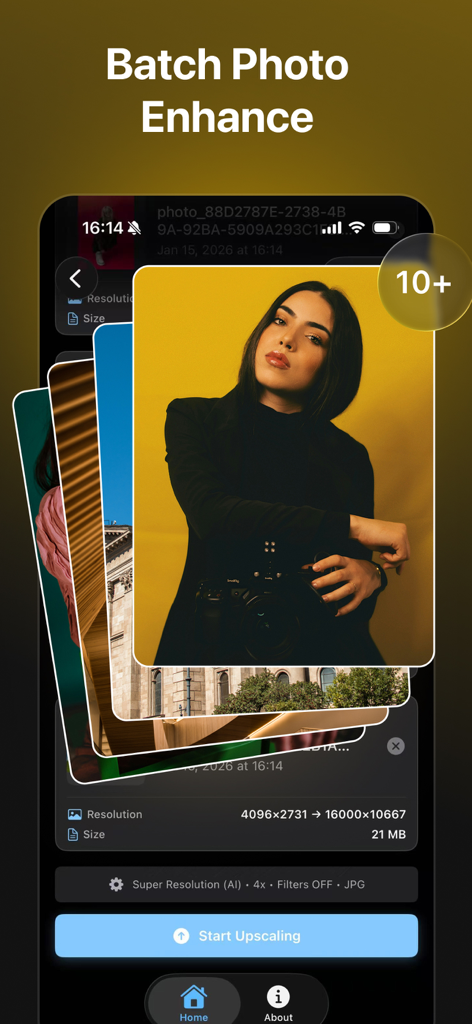 Upscal - Image & Video Enhance - Upscal app interface showing the batch photo enhance feature with a stack of images and a start upscaling button