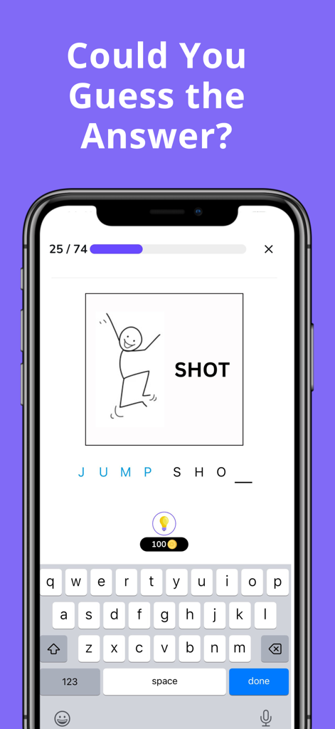 A rebus puzzle on a smartphone screen showing a stick figure jumping next to the word SHOT