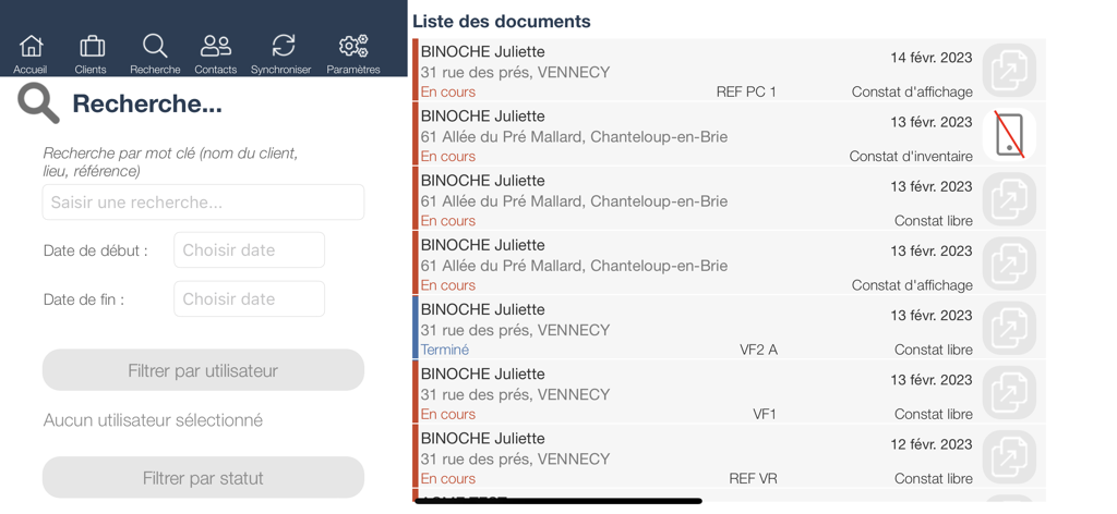MASTER REPORT - The search interface and list of active documents in the Master Report application for professional inspectors.