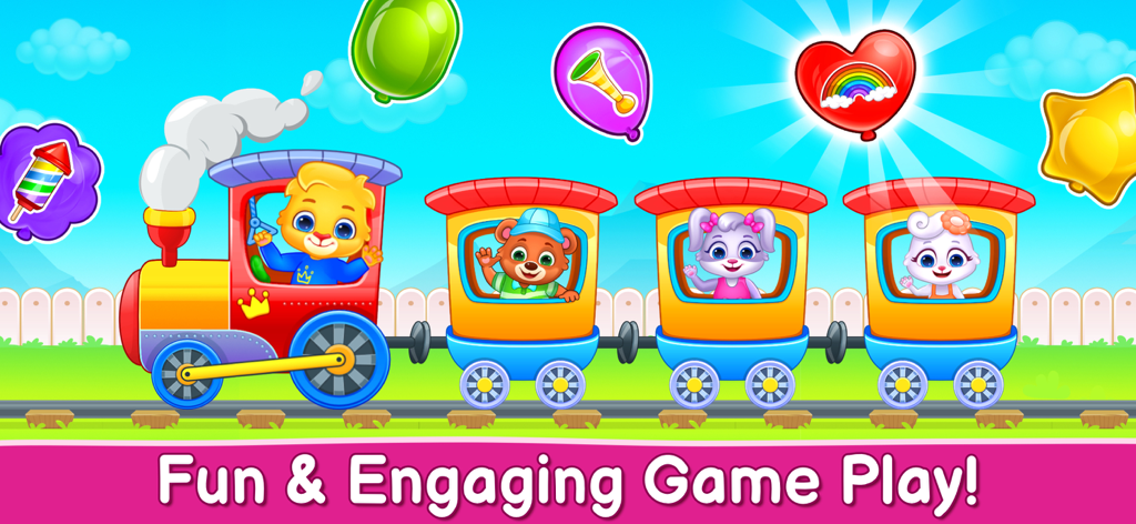 Baby Games: Piano, Baby Phone - Colorful cartoon train with animal characters and floating balloons in an educational game for toddlers