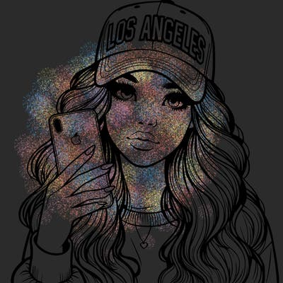 realistic beautiful girl wearing los ángeles cap holding an iphone