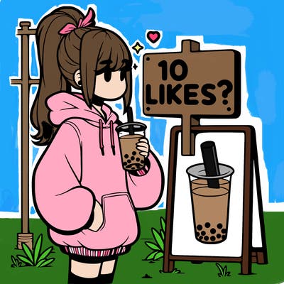 girl with oversized hoodie drinking boba and she has a high ponytail with a sign that says 10likes?
