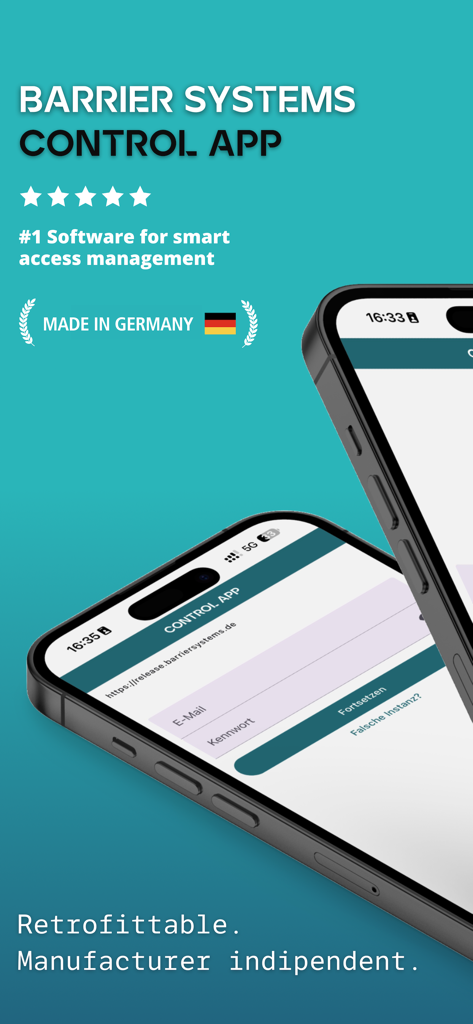 Smartphone che mostrano la schermata di accesso di BarrierSystems ControlApp per la gestione professionale degli accessi e il controllo delle barriere