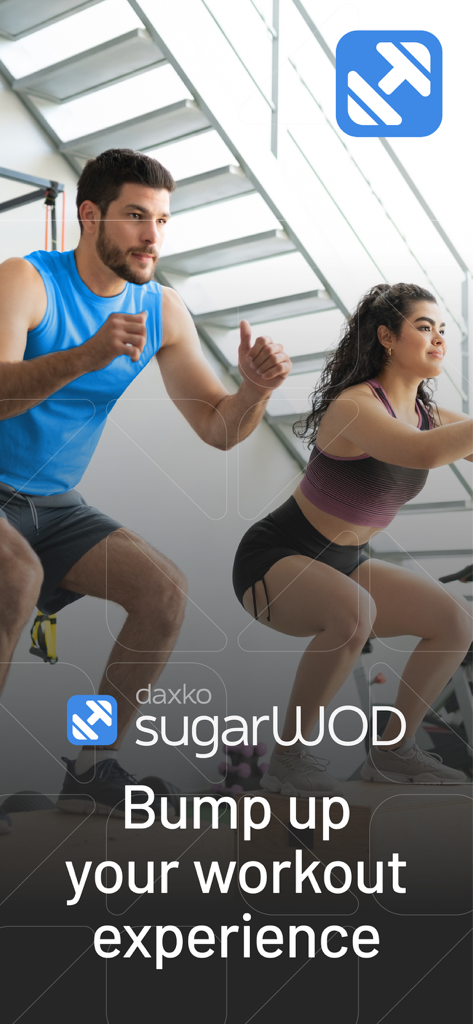 SugarWOD - Athletes exercising in a gym with SugarWOD branding and workout experience tagline