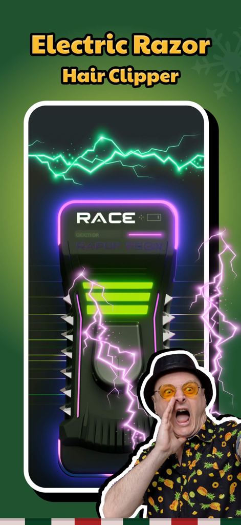 Electric razor and hair clipper prank sound effect interface with neon lightning.