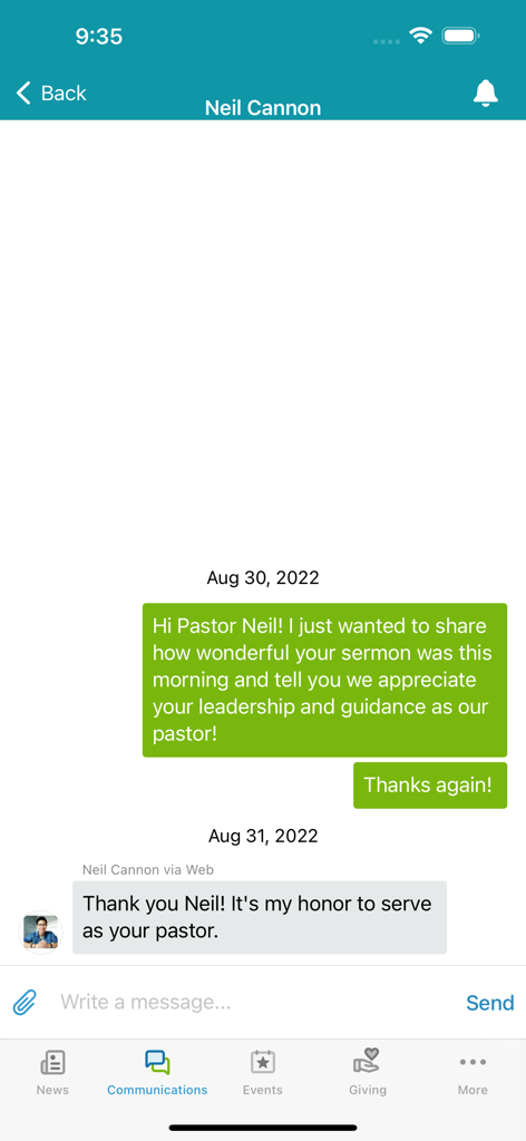 Realm Connect - For Our Church - A chat screen within the Realm Connect app showing a message exchange between a church member and a pastor named Neil Cannon.