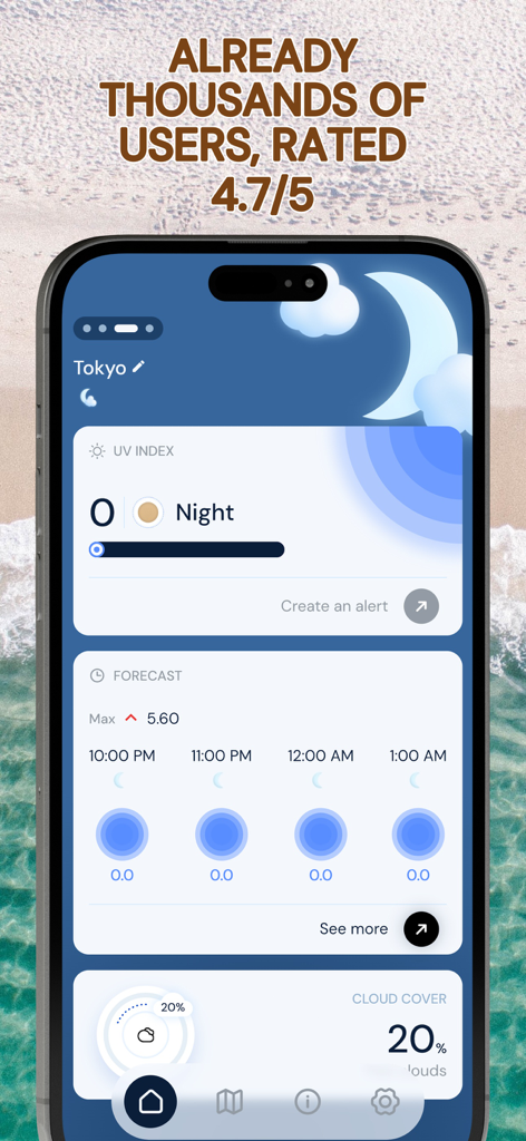 UV Index - Tan Widget - Interfaz de la aplicación Índice UV que muestra el pronóstico del tiempo en modo nocturno y las valoraciones de los usuarios