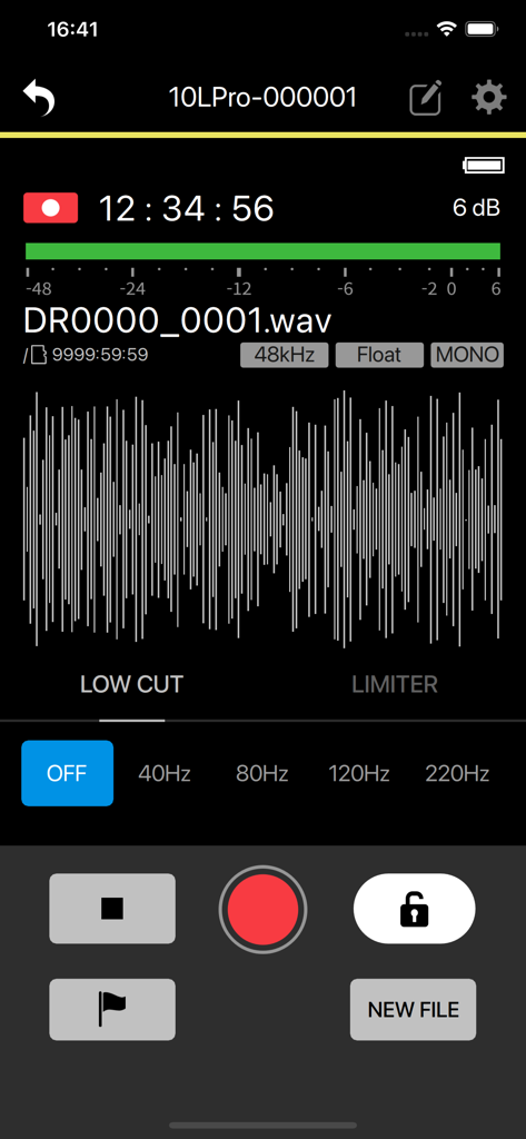 TASCAM RECORDER CONNECT - TASCAM RECORDER CONNECT app interface showing real-time audio waveform and recording settings
