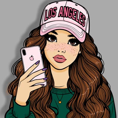 realistic beautiful girl wearing los ángeles cap holding an iphone