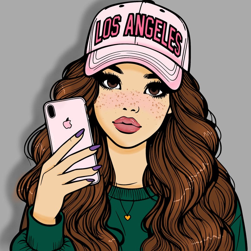 realistic beautiful girl wearing los ángeles cap holding an iphone