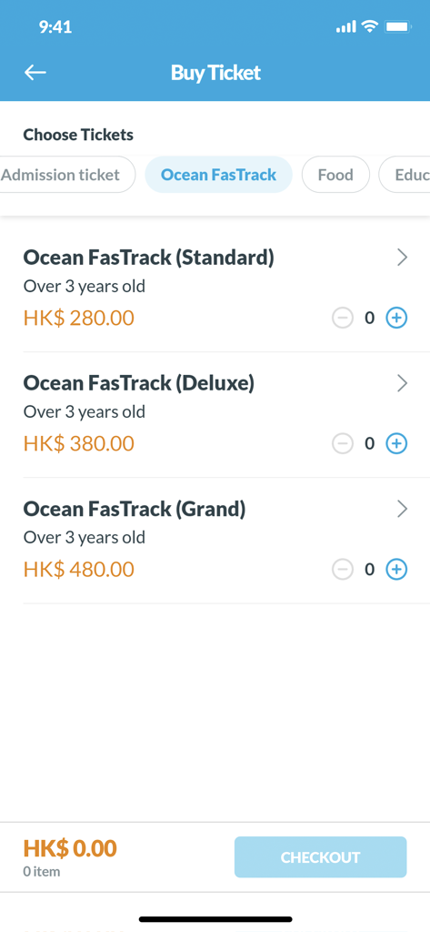 Ocean Park Hong Kong - Ticket purchase screen for Ocean FasTrack options in the Ocean Park app