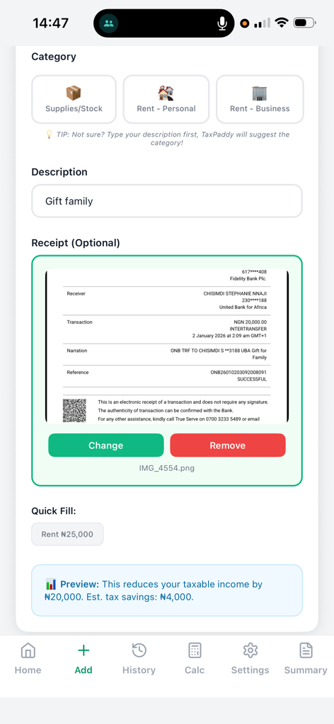 TaxPaddy - TaxPaddy app screen for uploading receipts and calculating tax savings
