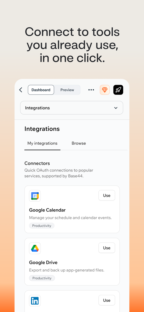 Base44: Build with AI - Interface of the Base44 app showing one-click integrations for Google Calendar, Google Drive, and LinkedIn.