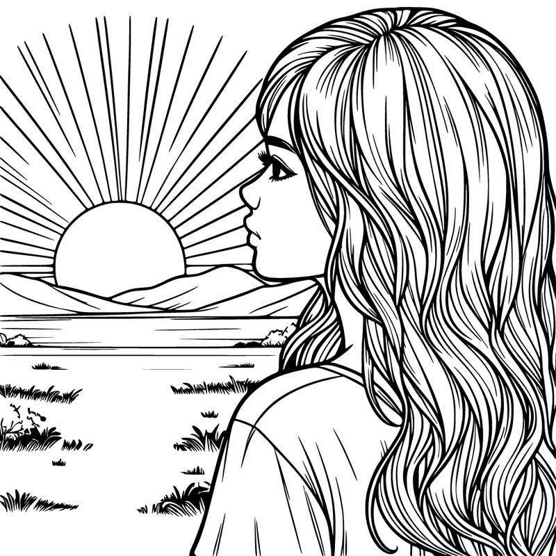 realistic girl staring at sunset