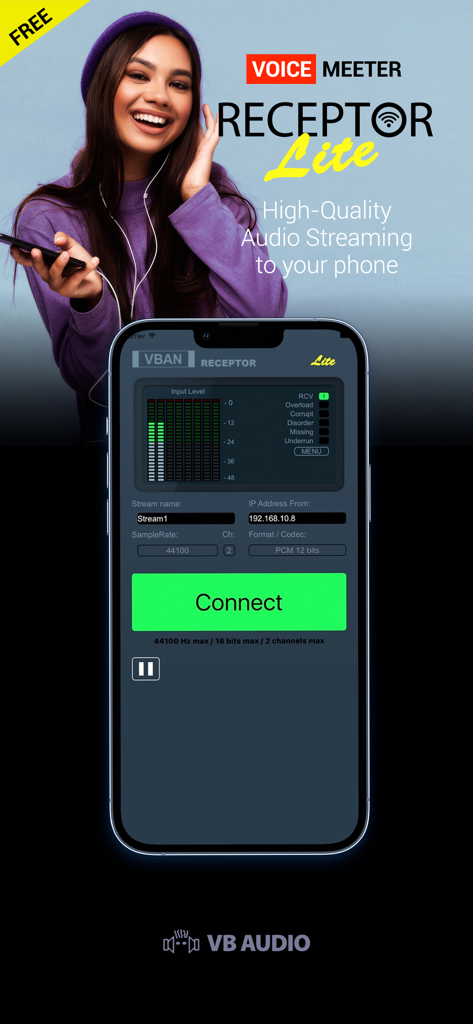 VBAN Receptor Lite - VBAN Receptor Lite mobile app interface displaying audio streaming settings and connection status