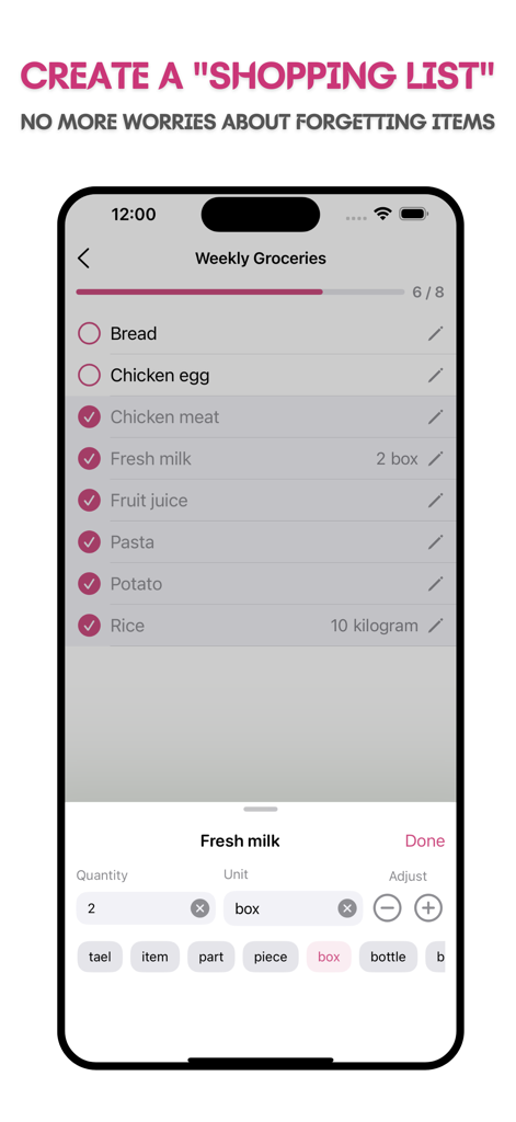 MoneyBay: Expense Manager - MoneyBay app interface displaying a weekly groceries shopping list with items checked off and quantity adjustment options