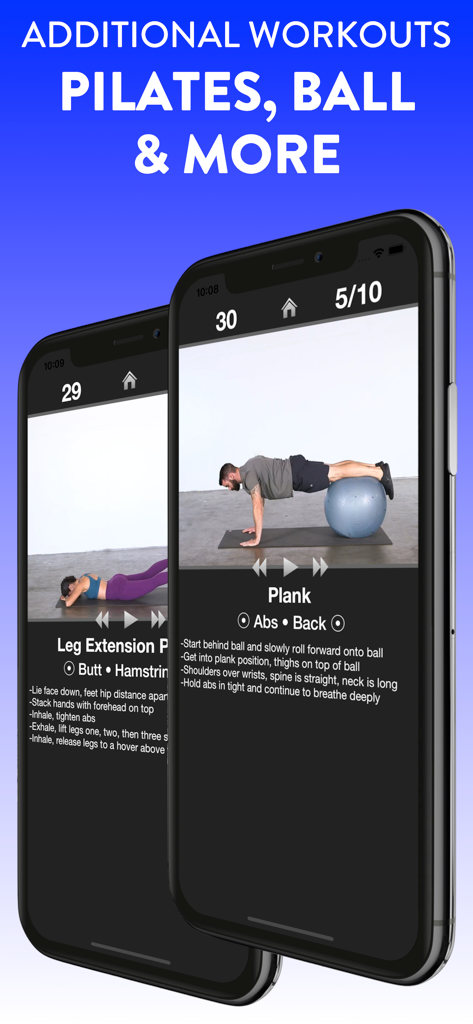 Daily Workouts - Daily Workouts app screens showing pilates and ball exercise video tutorials with instructions