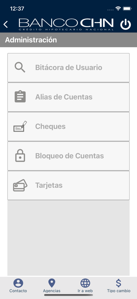 Interfaz de la app de Banco CHN mostrando el menú de administración con opciones de gestión de cuentas y seguridad