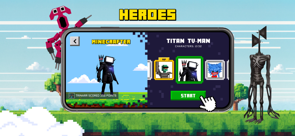 Games & Skins for Minecraft PE - Character selection screen in the Minecraft skins app showing hero avatars and monsters