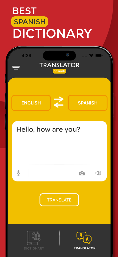 Learn Spanish Offline - Interface of the Learn Spanish Offline mobile app showing an English to Spanish translation tool