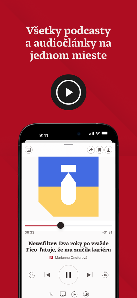 Denník N - Ein Smartphone, das den Player für Podcasts und Audio-Artikel in der Dennik N Nachrichten-App zeigt