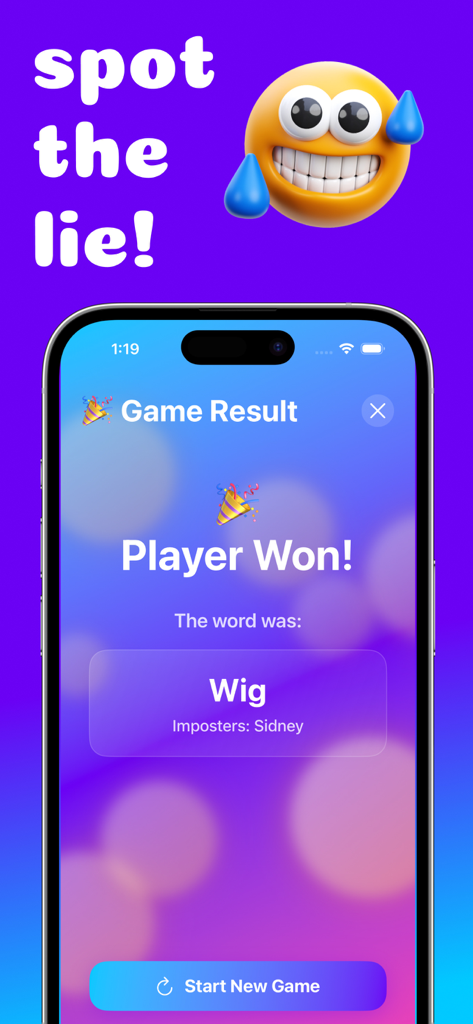 Game result screen in Imposter Guess Who is the Liar showing a player victory and the identified imposter