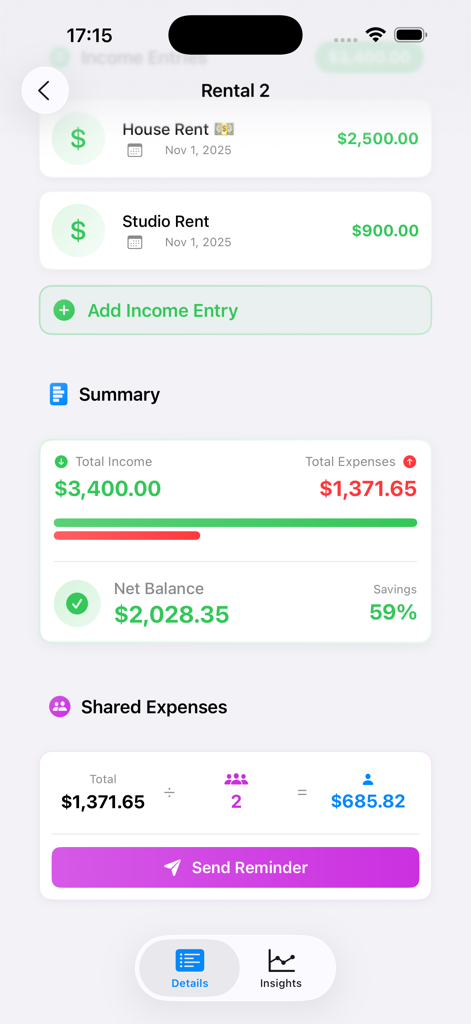 Rent Easy Ledger - Rental property dashboard showing income summary net balance and shared expense splitting features