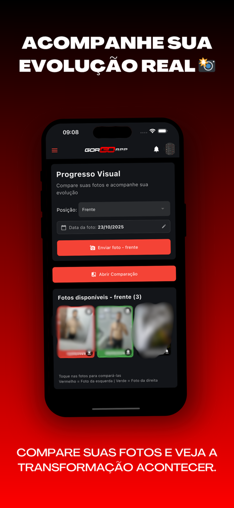 GorgoApp - Tela do GorgoApp para rastrear o progresso visual da transformação corporal através de comparação de fotos.