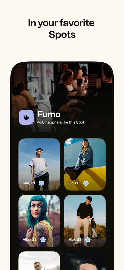 Happn app interface showing profiles of local users who frequent the same favorite spots like Fumo restaurant.