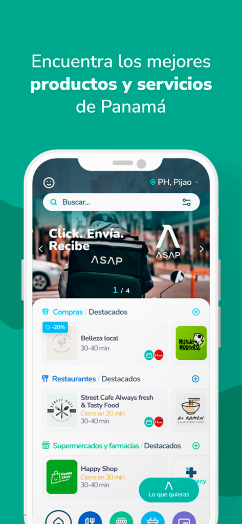 Home screen of the ASAP super-app showing restaurant, supermarket, and pharmacy delivery categories in Panama.