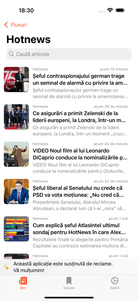 Interface of the Stiri din Romania app showing a list of current news from Hotnews.