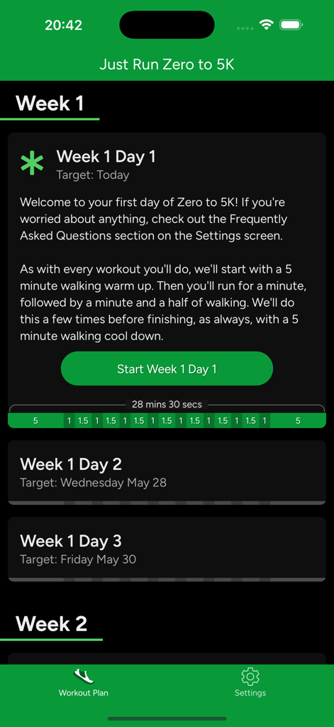 Just Run mobile app showing the Week 1 Day 1 workout plan for beginners