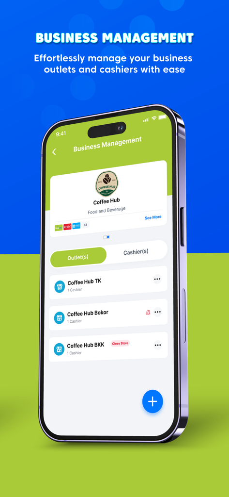 Wing Merchant - A smartphone displaying the Wing Merchant app's business management screen with a list of coffee shop outlets and cashier management options.