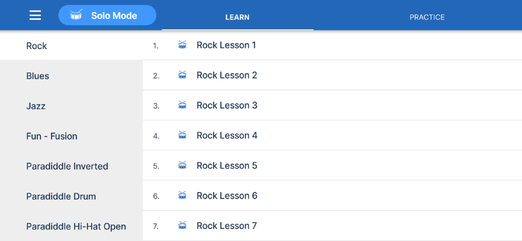 Drum Live - Interface of the Drum Live app showing a list of rock drumming lessons in the learn category