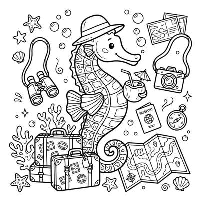 Join a charming common seahorse as it embarks on a delightful vacation, surrounded by all its travel essentials. This whimsical coloring page is perfect for igniting your imagination and bringing a splash of joy to your day.