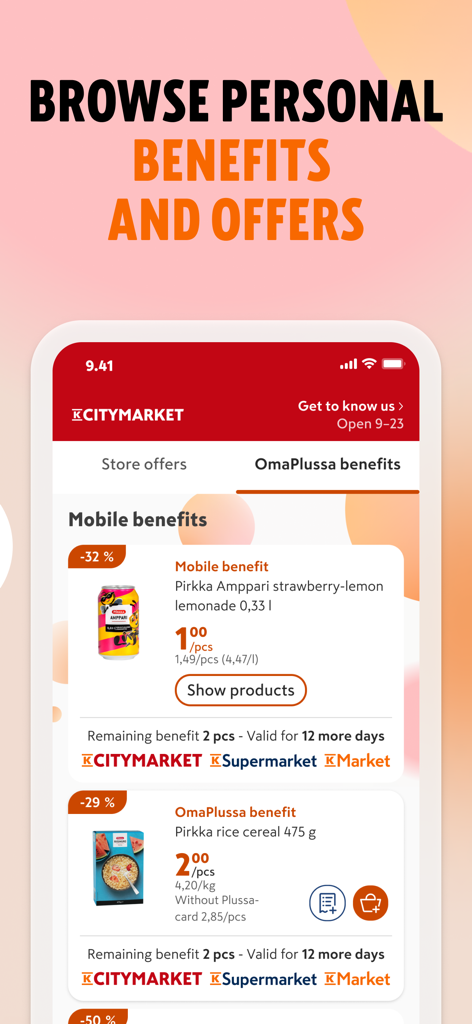 K-Ruoka - K-Ruoka-App-Bildschirm mit persönlichen Vorteilen und Lebensmittelangeboten.