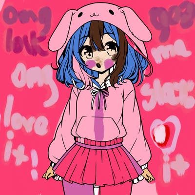 pretty anime girl wearing a fluffy hoodie with bunny ears on the hood and a skirt