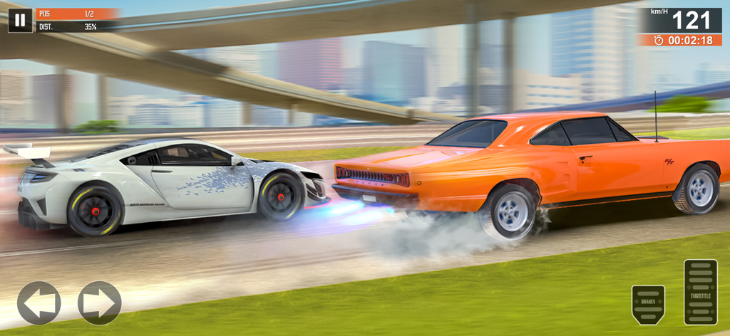 A white sports car and an orange muscle car racing on a city highway with game controls displayed