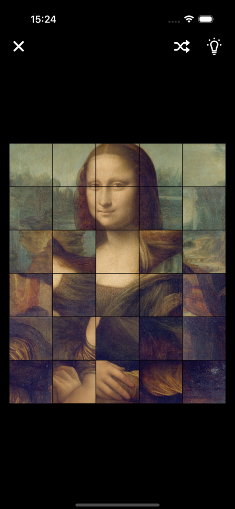 Art Puzzle: Unwind - The Mona Lisa painting displayed as a grid puzzle in the Art Puzzle Unwind app