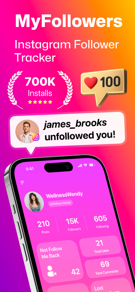 MyFollowers − Unfollow Tracker - Capture d'écran de l'application MyFollowers montrant les statistiques des abonnés Instagram et les notifications de désabonnement.