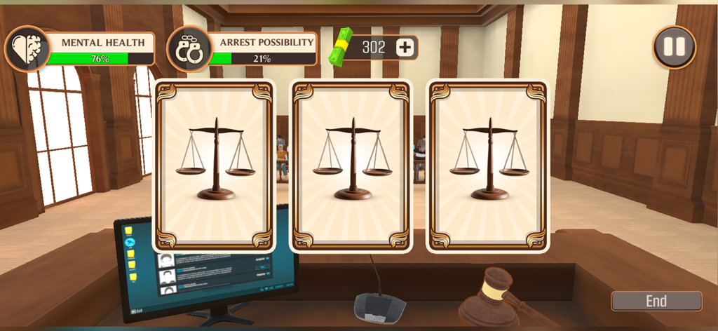 Judge Simulator Justices & Law - 3D courtroom view in Judge Simulator showing justice scale cards and player status bars