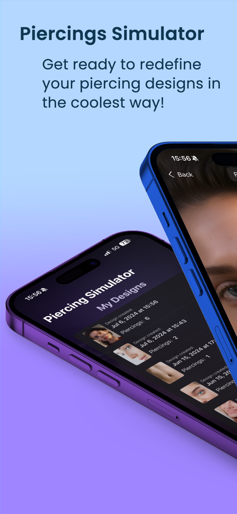 Interface of the Piercing Simulator app showing saved virtual piercing designs and a photo preview on a smartphone.