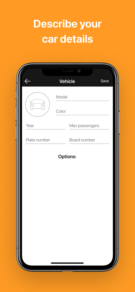 A screen in the VoooM Driver app for entering car information like model, color, and plate number.