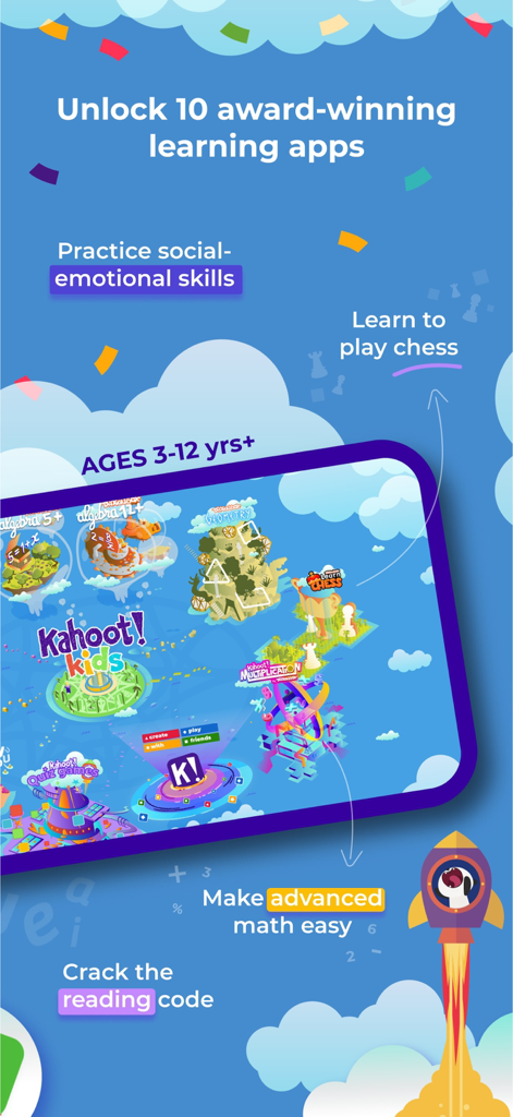 Kahoot! Kids: Learn & Play - Interface do aplicativo Kahoot Kids mostrando jogos educacionais para matemática, leitura e xadrez